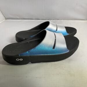 OOFOS Blue to Silver Ombre Slide Sandals